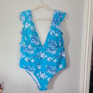 Floral Blue One-Piece Ruffles Deep V, Swimsuit Cupshe Size 3x Nwot Never Worn